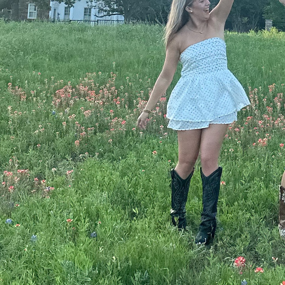 strapless polka dot ruffle romper